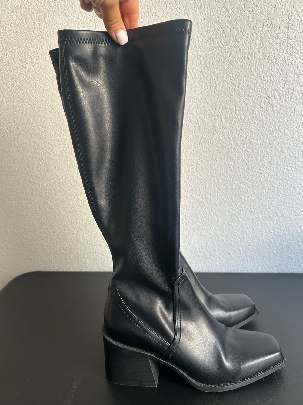 STEVE MADDEN 9.5M Black Faux Leather Knee High Boots SQUARE TOE BLOCK HEEL